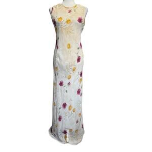 Vintage Y2K Cream Floral Fairy Whimsy Maxi Church Spring Dress Sleeveless (M)